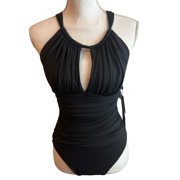 LA BLANCA ISLAND GODDESS HIGH NECK ONE-PIECE BLACK SWIMSUIT SIZE US 8 BRAND NEW - Picture 2 of 8